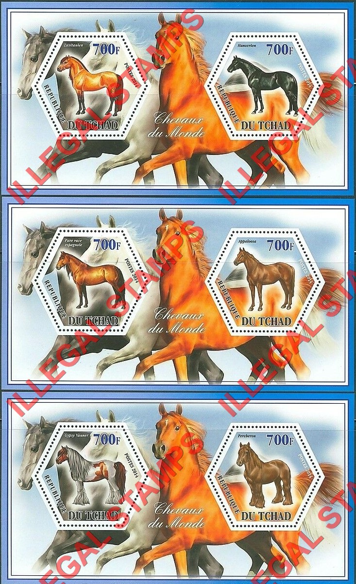 Chad 2014 Horses Illegal Hexagon Stamps in Souvenir Sheets of 2