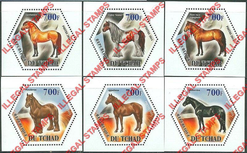 Chad 2014 Horses Illegal Hexagon Stamps in Deluxe Souvenir Sheets of 1