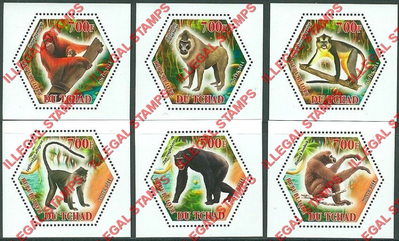 Chad 2014 Primates Illegal Hexagon Stamps in Deluxe Souvenir Sheets of 1