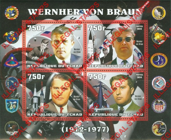 Chad 2014 Wernher von Braun Illegal Stamps in Souvenir Sheet of 4
