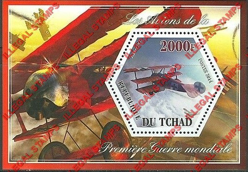 Chad 2014 World War I Airplanes Illegal Hexagon Stamps in Souvenir Sheet of 1