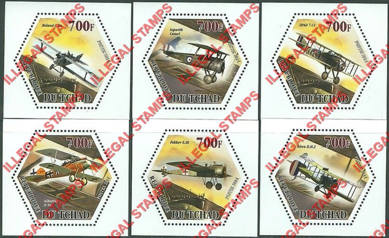 Chad 2014 World War I Airplanes Illegal Hexagon Stamps in Deluxe Souvenir Sheets of 1