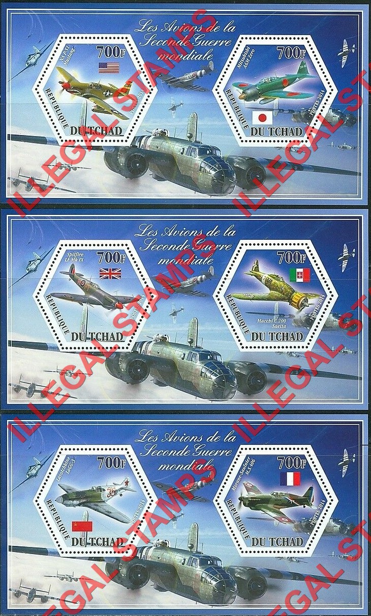 Chad 2014 World War II Airplanes Illegal Hexagon Stamps in Souvenir Sheets of 2