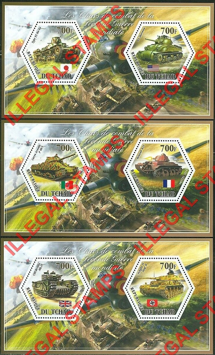 Chad 2014 World War II Tanks Illegal Hexagon Stamps in Souvenir Sheets of 2