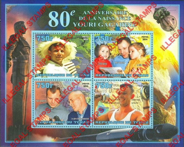 Chad 2014 Yuri Gagarin Illegal Stamps in Souvenir Sheet of 4