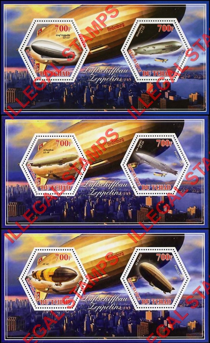 Chad 2014 Zeppelins Illegal Hexagon Stamps in Souvenir Sheets of 2