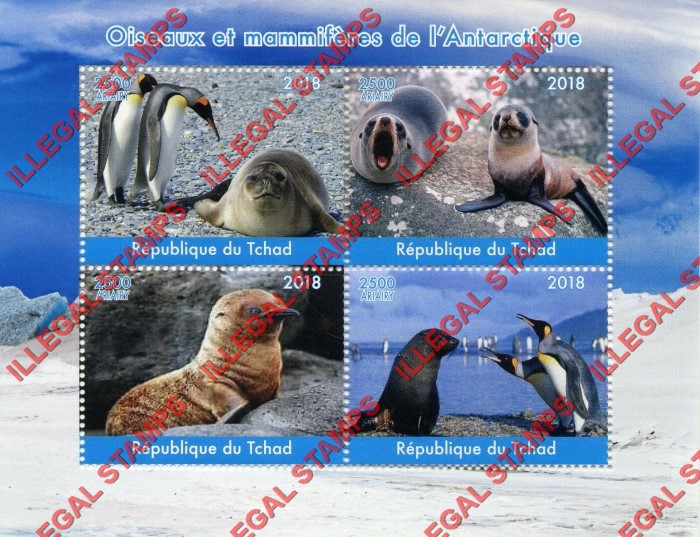 Chad 2018 Antarctic Birds and Mammals Illegal Stamps in Souvenir Sheet of 4