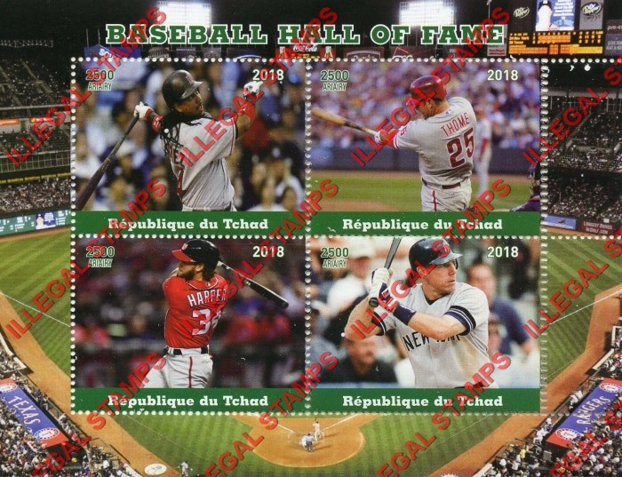 Chad 2018 Baseball Hall of Fame Illegal Stamps in Souvenir Sheet of 4