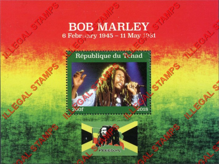 Chad 2018 Bob Marley Illegal Stamps in Souvenir Sheet of 1