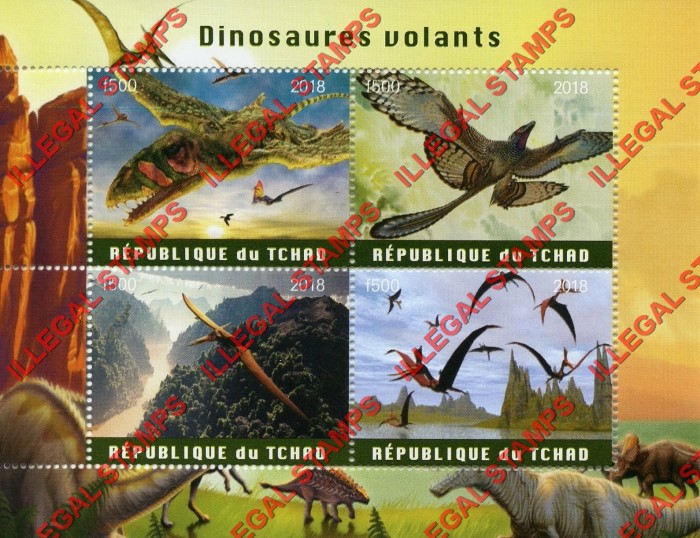 Chad 2018 Dinosaurs Flying Illegal Stamps in Souvenir Sheet of 4