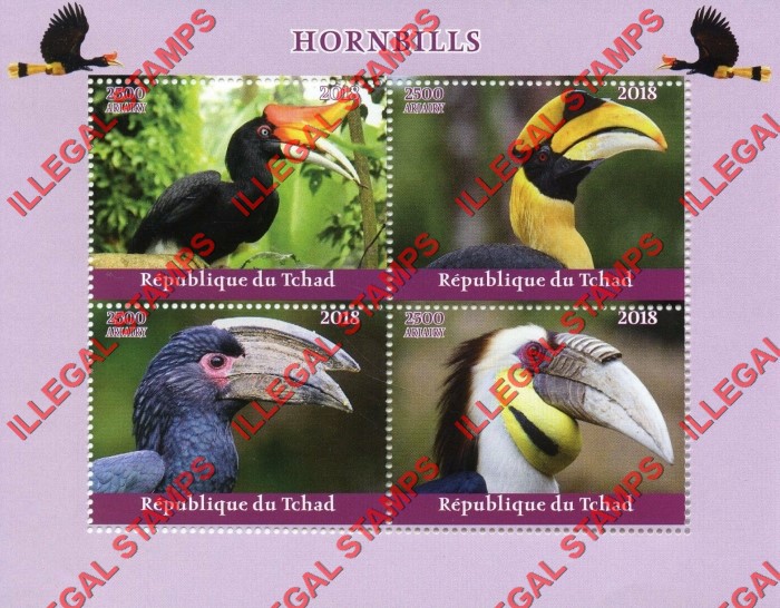 Chad 2018 Hornbills Illegal Stamps in Souvenir Sheet of 4
