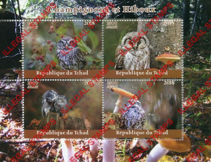 Chad 2018 Mushrooms and Owls Illegal Stamps in Souvenir Sheet of 4