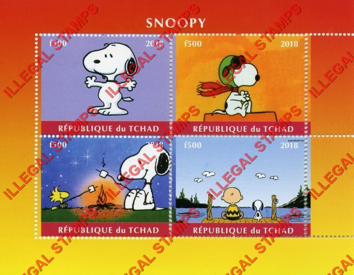 Chad 2018 Snoopy Illegal Stamps in Souvenir Sheet of 4