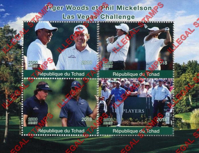 Chad 2018 Tiger Woods and Phil Mickelson Golf Illegal Stamps in Souvenir Sheet of 4