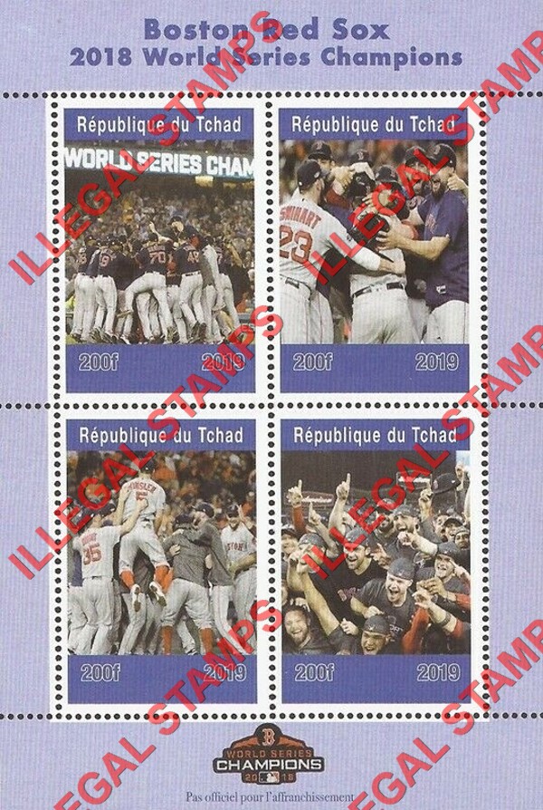 Chad 2019 Baseball Boston Red Sox Illegal Stamps in Souvenir Sheet of 4