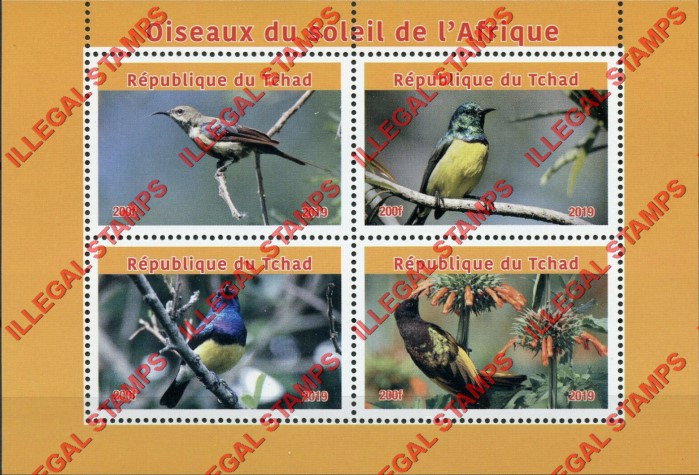 Chad 2019 Birds African Sunbirds Illegal Stamps in Souvenir Sheet of 4