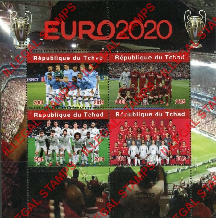 Chad 2019 Euro 2020 Soccer Football Illegal Stamps in Souvenir Sheet of 4