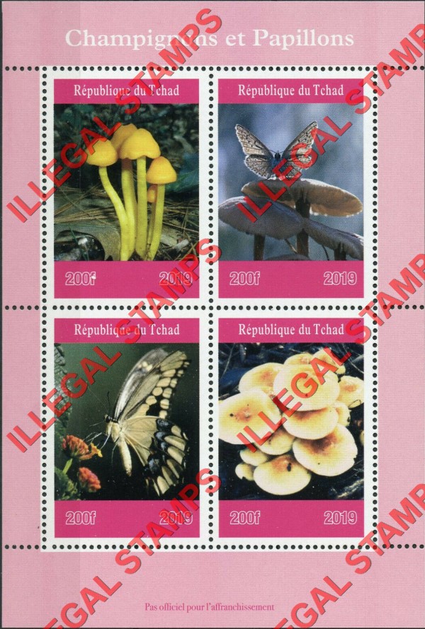Chad 2019 Mushrooms and Butterflies Illegal Stamps in Souvenir Sheet of 4