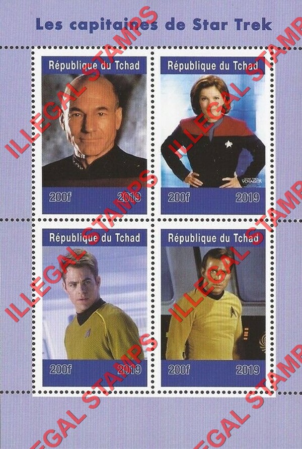 Chad 2019 Star Trek Captains Illegal Stamps in Souvenir Sheet of 4