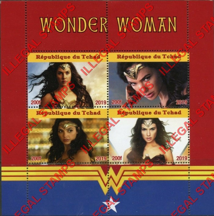 Chad 2019 Wonder Woman Illegal Stamps in Souvenir Sheet of 4