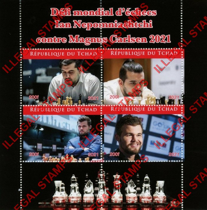 Chad 2021 Chess Players Ian Nepomniachtchi and Magnus Carlsen Illegal Stamps in Souvenir Sheet of 4