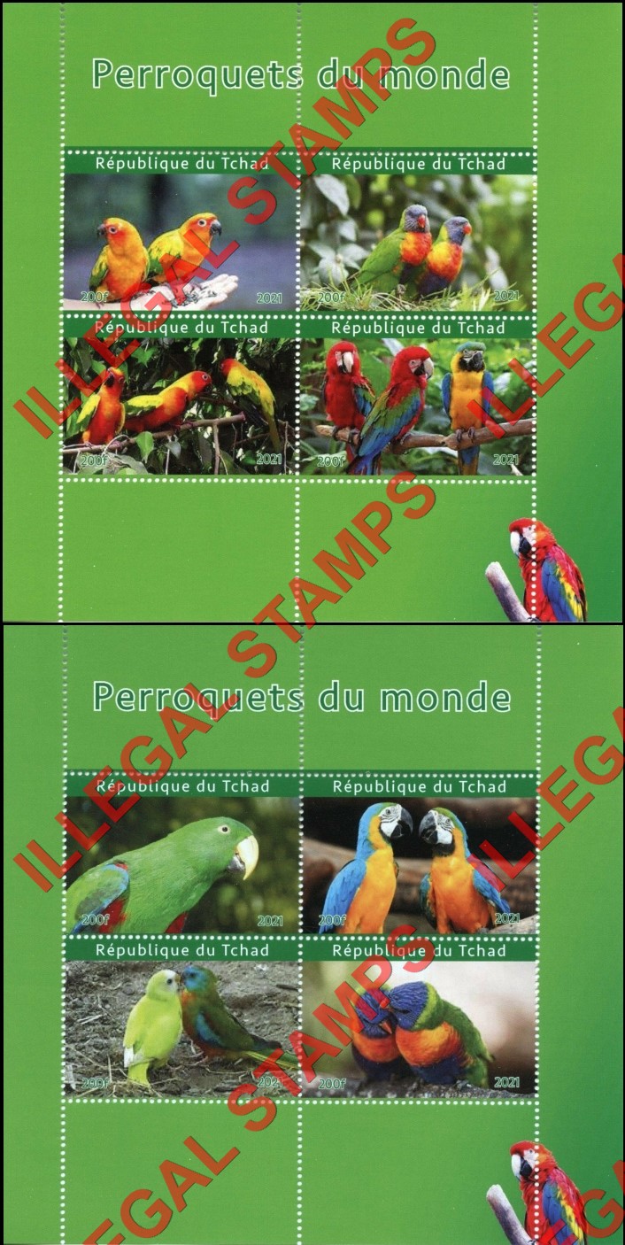 Chad 2021 Parrots Illegal Stamps in Souvenir Sheets of 4