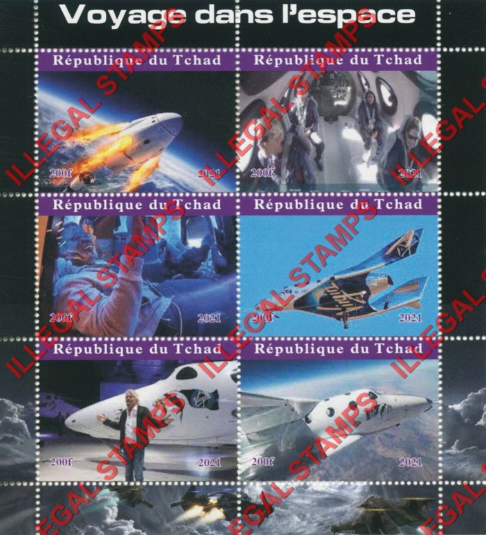 Chad 2021 Space Travel Richard Branson Virgin Air Illegal Stamps in Souvenir Sheet of 6