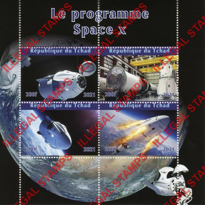 Chad 2021 Space X Program Illegal Stamps in Souvenir Sheet of 4