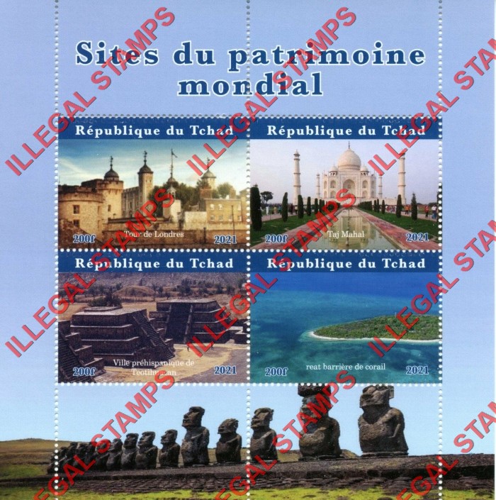 Chad 2021 World Heritage Sites Illegal Stamps in Souvenir Sheet of 4 (Sheet 1)