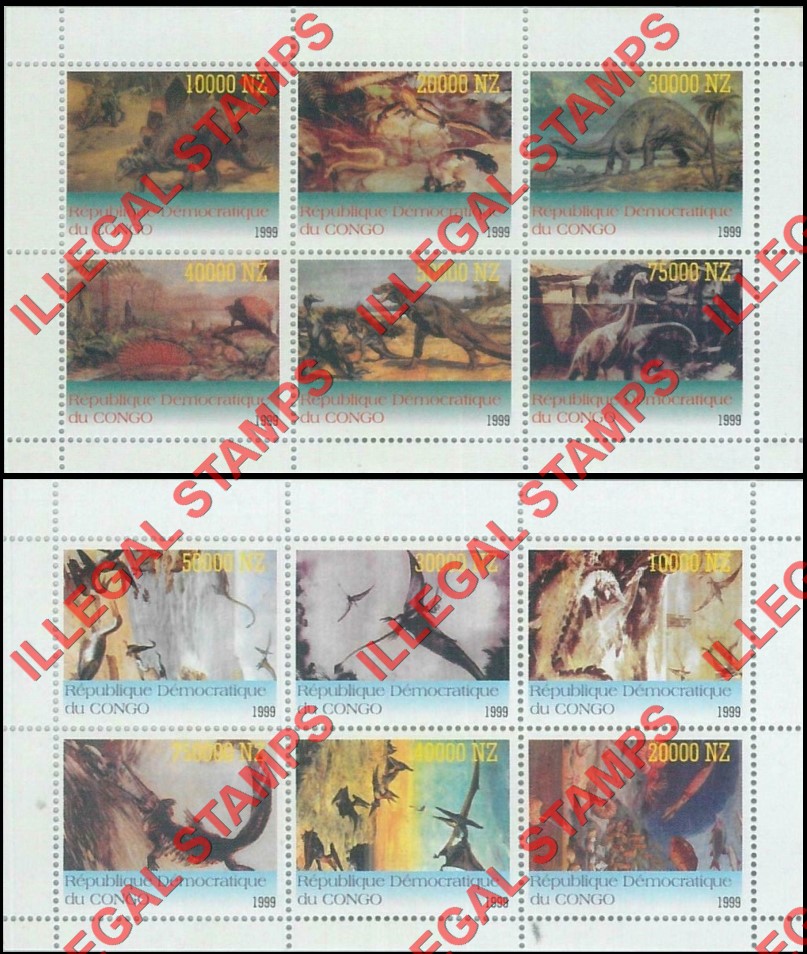 Congo Democratic Republic 1999 Dinosaurs Illegal Stamp Souvenir Sheets of 6