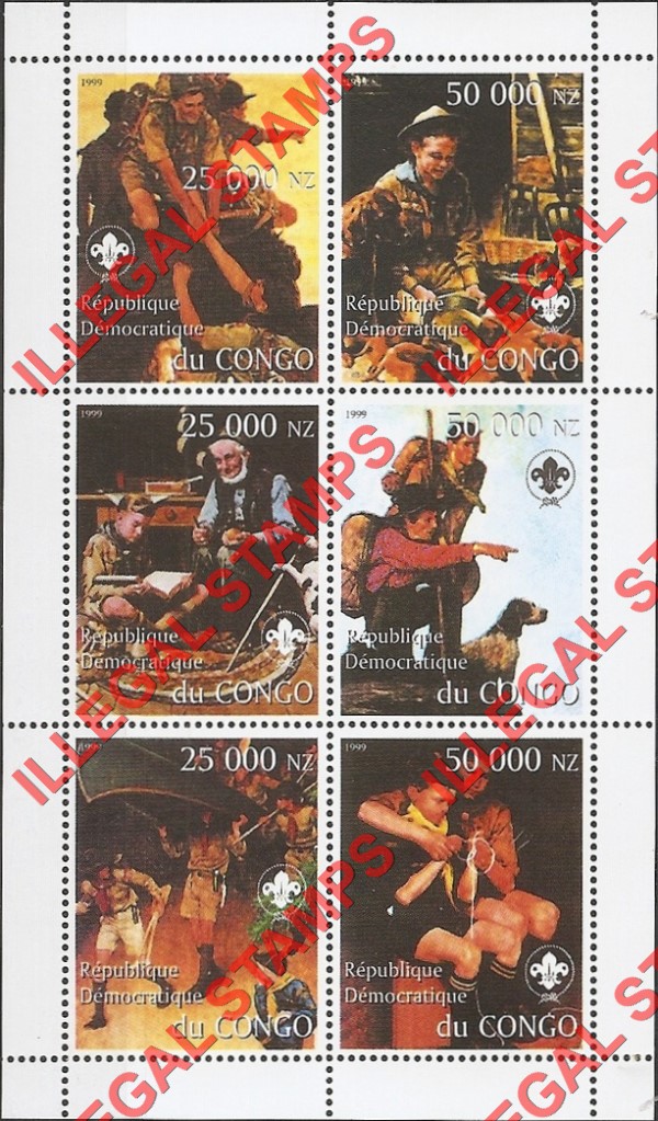 Congo Democratic Republic 1999 Scouts Norman Rockwell Illegal Stamp Souvenir Sheet of 6