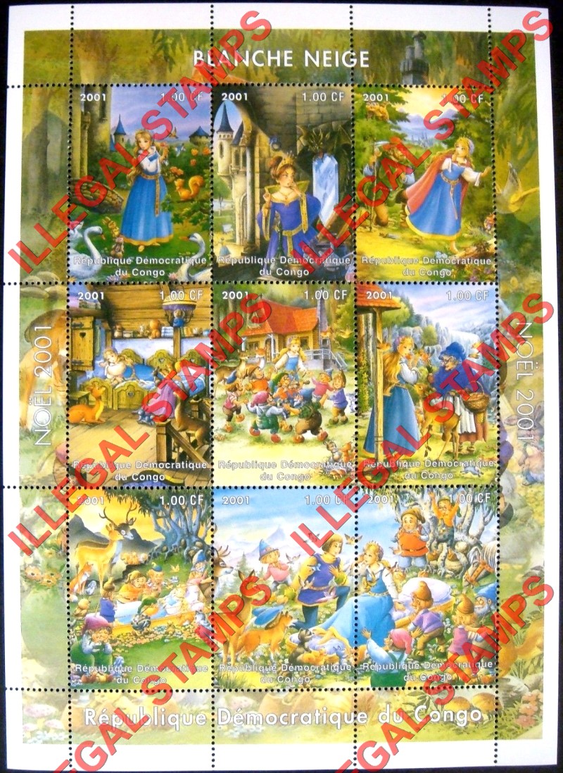 Congo Democratic Republic 2001 Snow White Illegal Stamp Sheet of 9