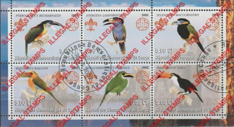 Congo Democratic Republic 2002 Birds Ramphastidae Illegal Stamp Souvenir Sheet of 6