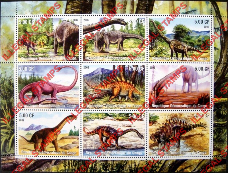 Congo Democratic Republic 2002 Dinosaurs Illegal Stamp Sheet of 9
