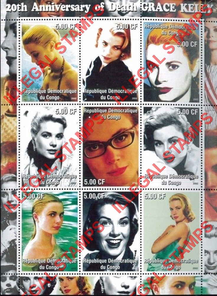 Congo Democratic Republic 2002 Grace Kelly Illegal Stamp Sheet of 9