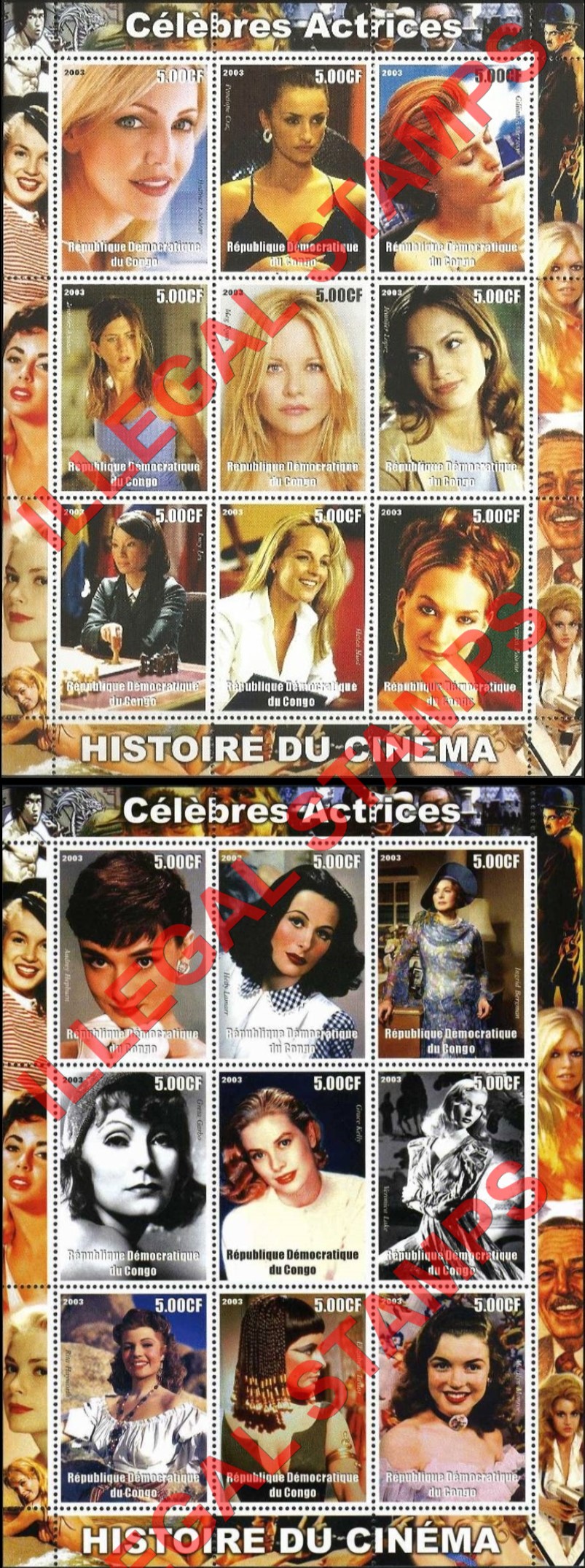 Congo Democratic Republic 2003 Celebrity Actresses History of Cinema Illegal Stamp Sheets of 9