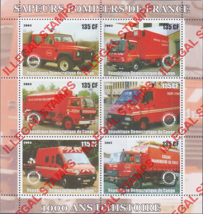 Congo Democratic Republic 2003 Firefighters of France Illegal Stamp Souvenir Sheet of 6