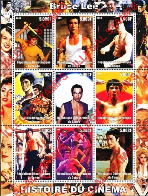 Congo Democratic Republic 2003 History of Cinema Bruce Lee Illegal Stamp Sheet of 9