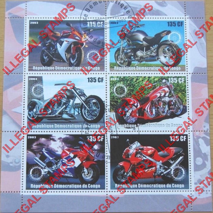 Congo Democratic Republic 2003 Motorcycles Illegal Stamp Souvenir Sheet of 6