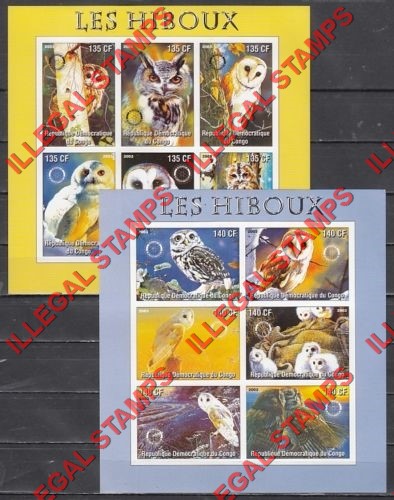 Congo Democratic Republic 2003 Owls Illegal Stamp Souvenir Sheets of 6