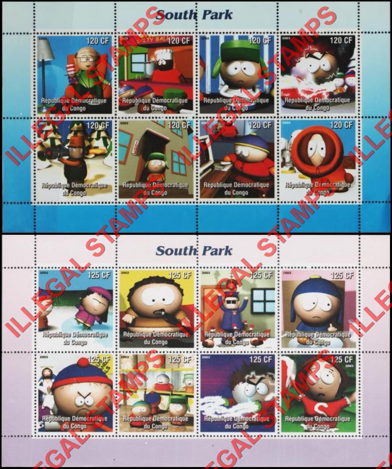 Congo Democratic Republic 2003 South Park Illegal Stamp Souvenir Sheets of 8