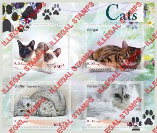 Congo Democratic Republic 2017 Cats Illegal Stamp Souvenir Sheet of 4