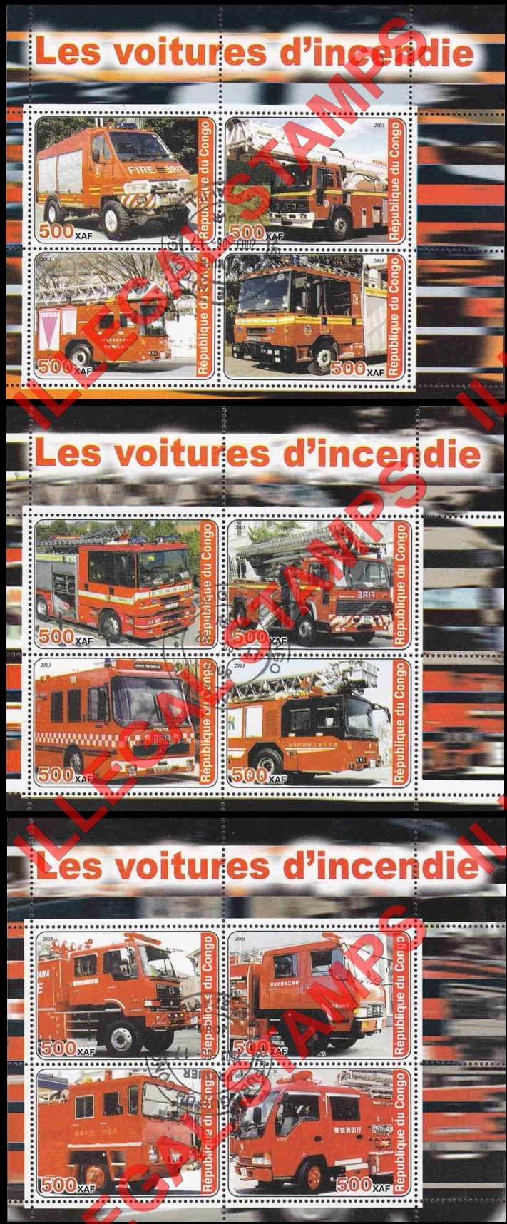 Congo Republic 2003 Fire Engines Illegal Stamp Souvenir Sheets of 4