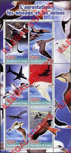 Congo Republic 2004 Birds and Planes Illegal Stamp Souvenir Sheet of 6