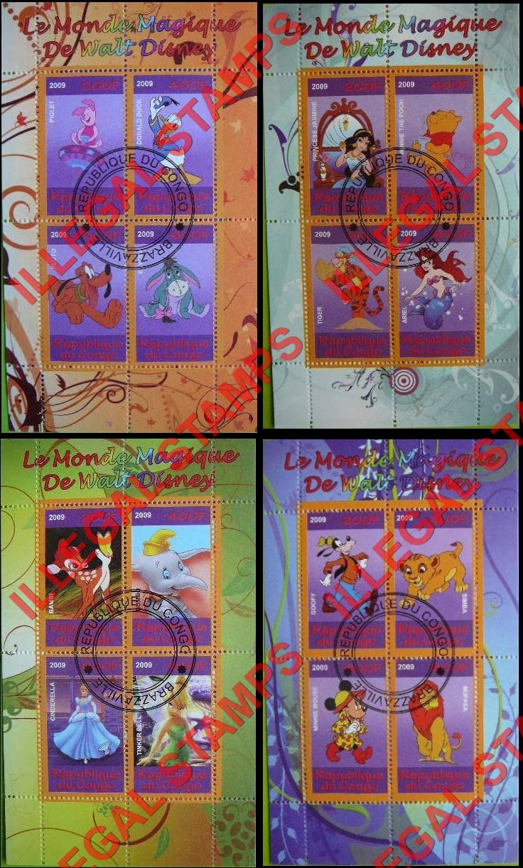 Congo Republic 2009 Disney Cartoon Characters Illegal Stamp Souvenir Sheets of 4