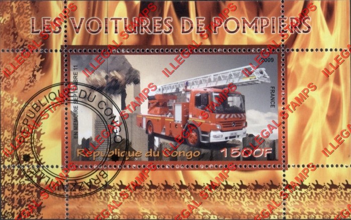 Congo Republic 2009 Fire Engines Illegal Stamp Souvenir Sheet of 1