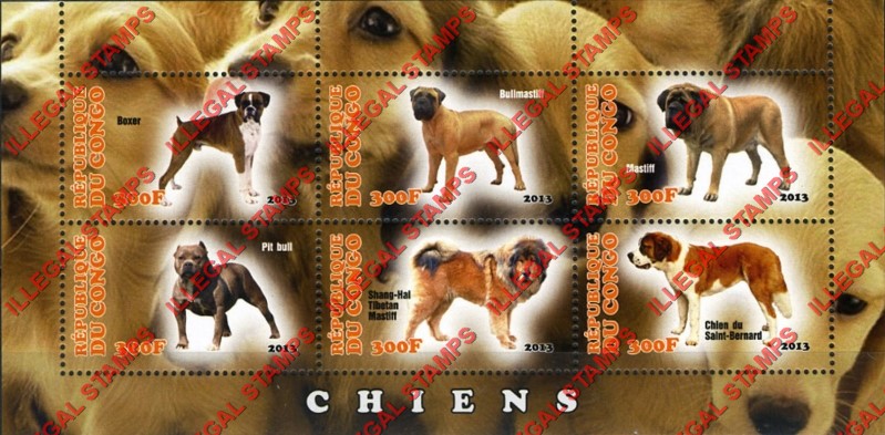 Congo Republic 2013 Dogs Illegal Stamp Souvenir Sheet of 6