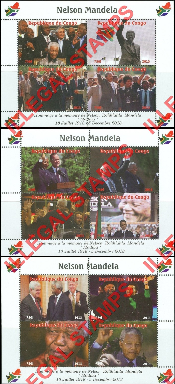 Congo Republic 2013 Nelson Mandela Illegal Stamp Souvenir Sheets of 4 with Flag in Corners
