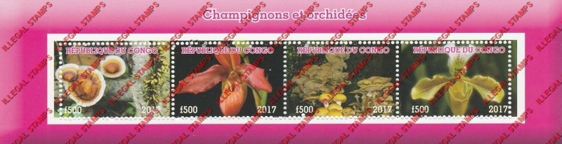 Congo Republic 2017 Mushrooms and Orchids Illegal Stamp Souvenir Sheet of 4