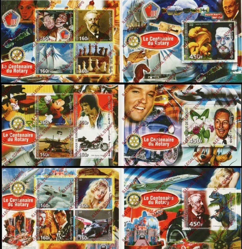 Djibouti 2005 Centenary of Rotary International Illegal Stamp Souvenir Sheets of 4 and 1